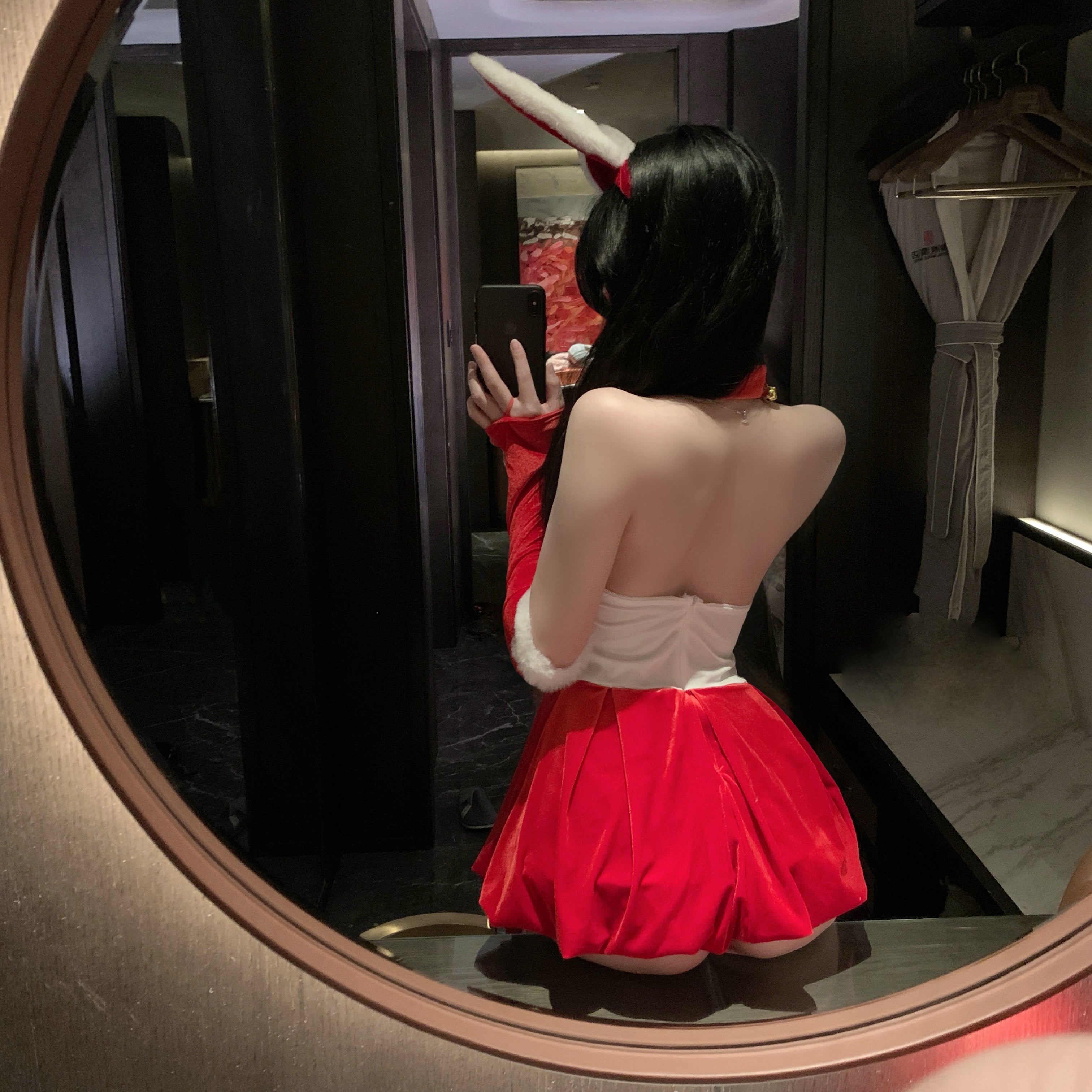 Red Bunny Themed Off Shoulder Mini Dress Lounge Outfit