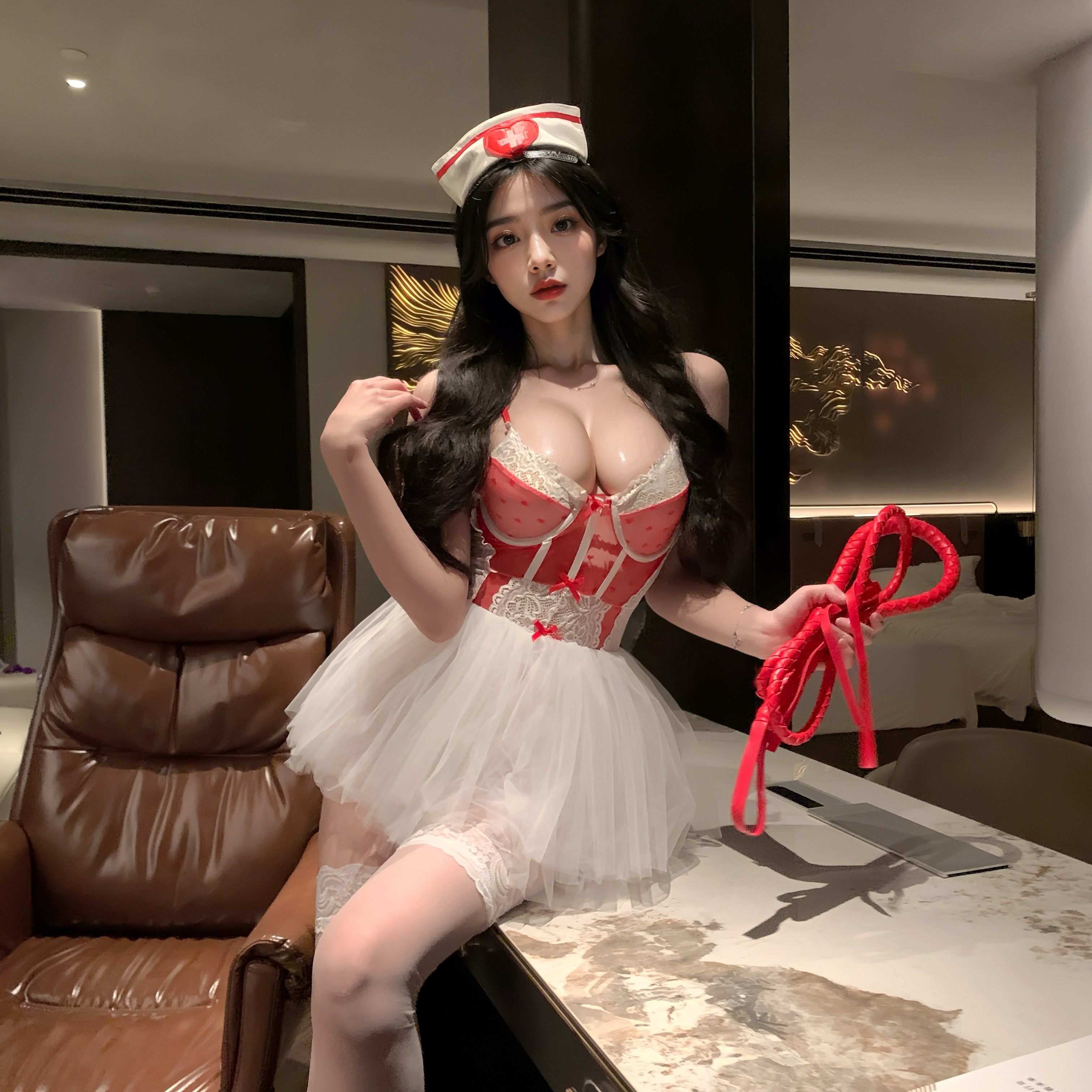 Nurse Themed Heart Print Lace Corset Bodysuit Red White Cosplay Loungewear