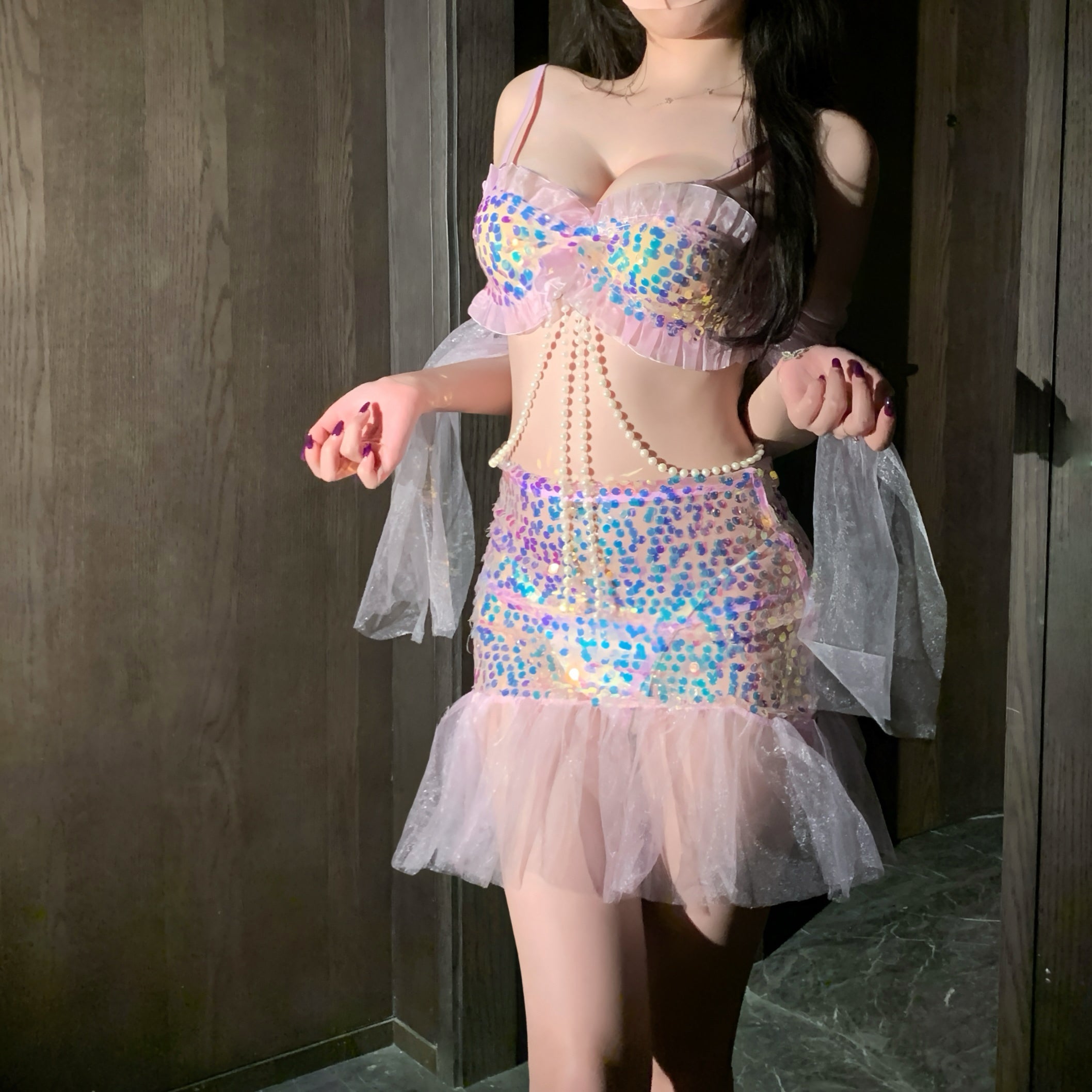 Mermaid Sequin Two Piece Set Pink Tulle Romantic Women Night Loungewear