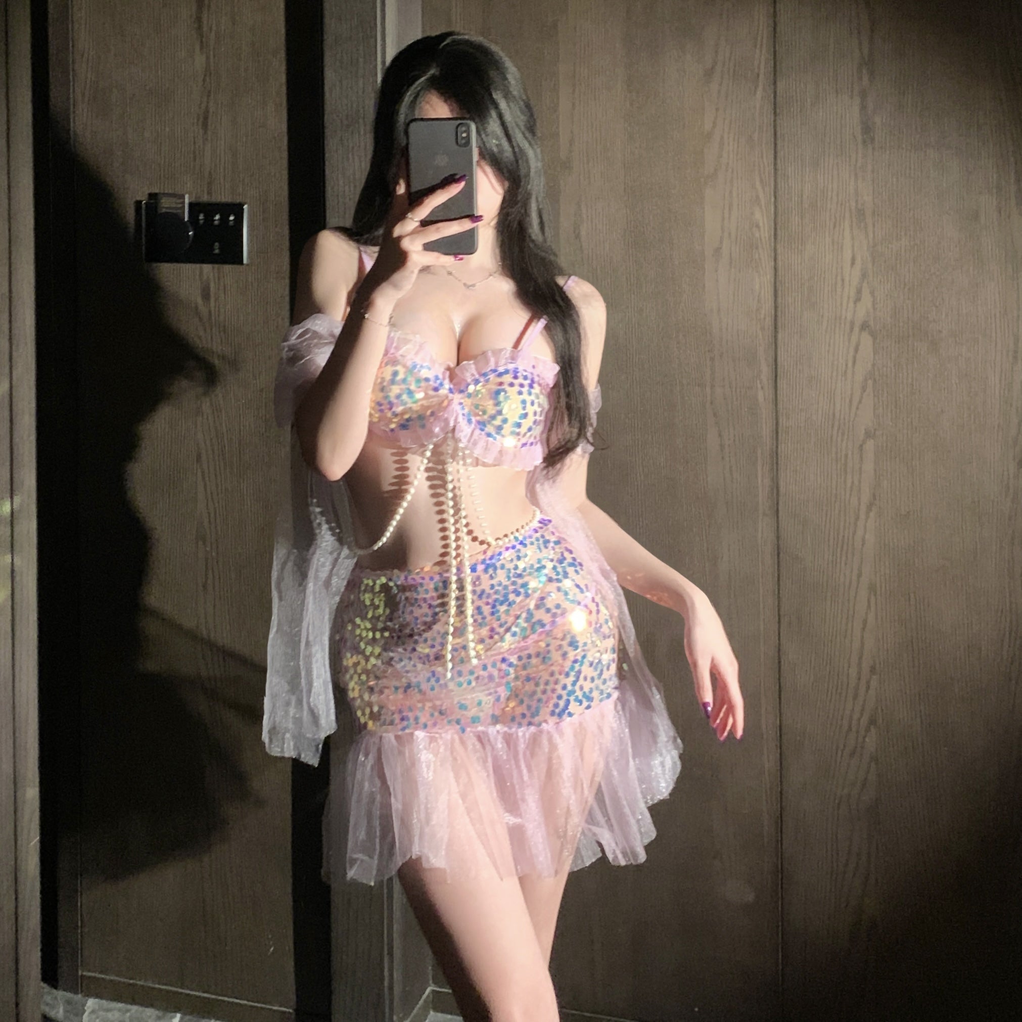 Mermaid Sequin Two Piece Set Pink Tulle Romantic Women Night Loungewear