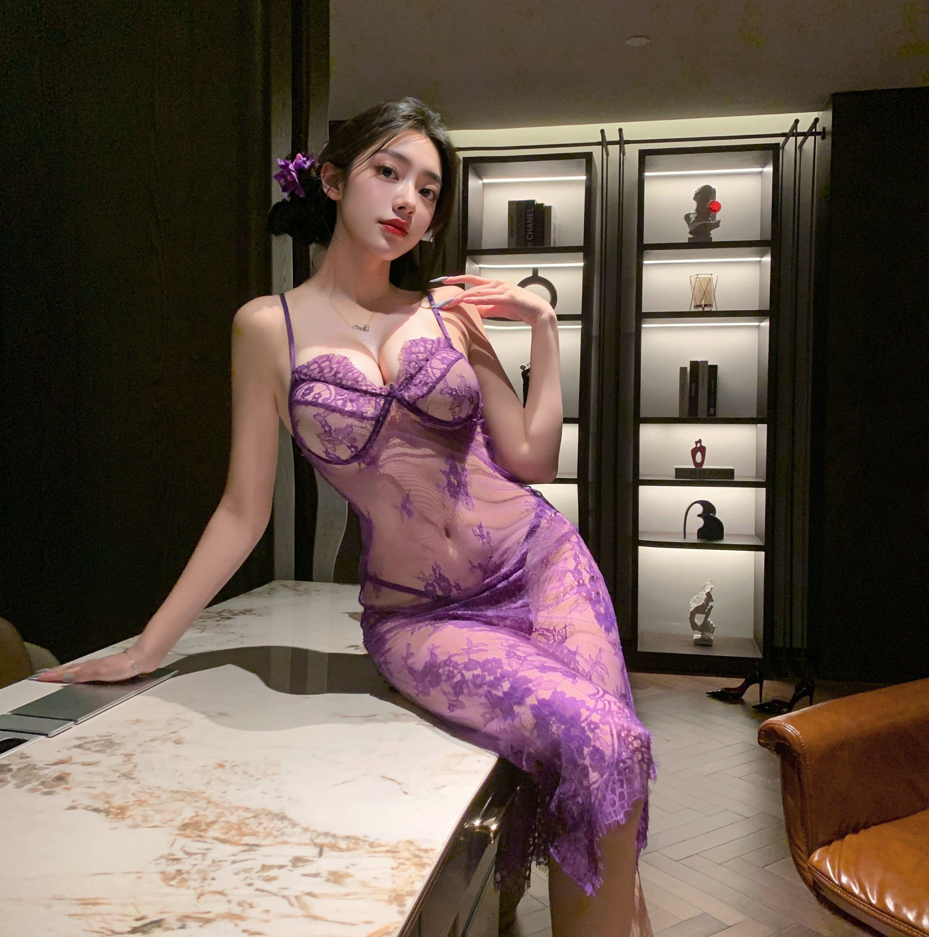 Purple Lace Spaghetti Strap Midi Slip Nightgown