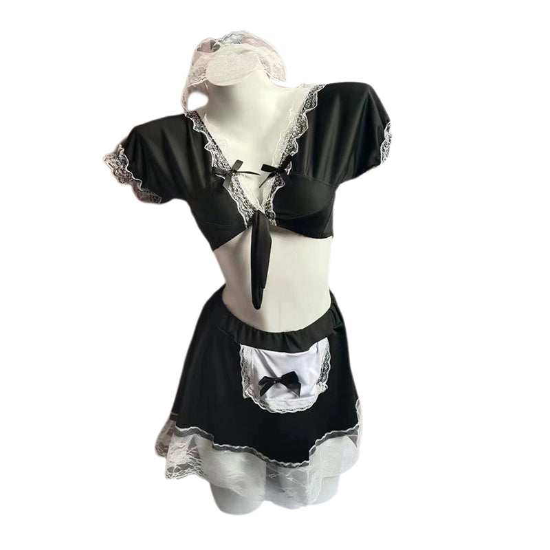 Maid Themed Lace Cosplay Outfit Set Black Elegant Private Loungewear