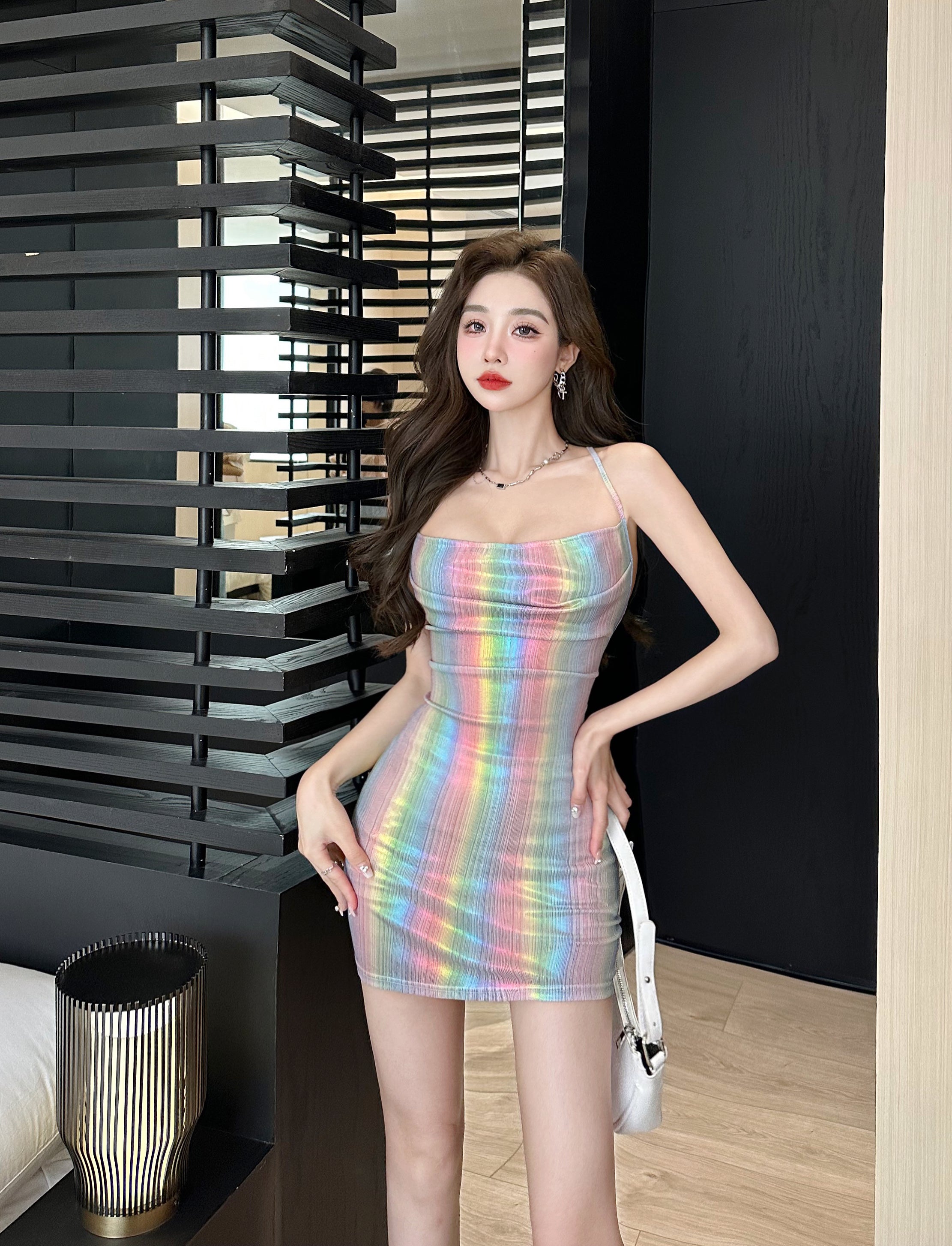 Holographic Rainbow Spaghetti Strap Mini Bodycon Dress