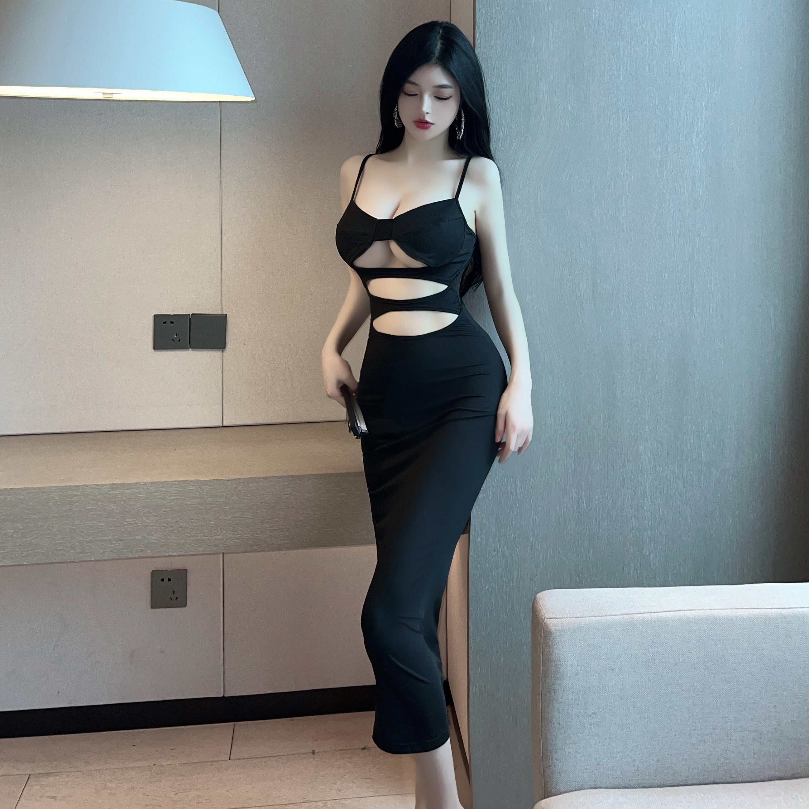 Black Cutout Midi Slip Dress Elegant Night Outfit