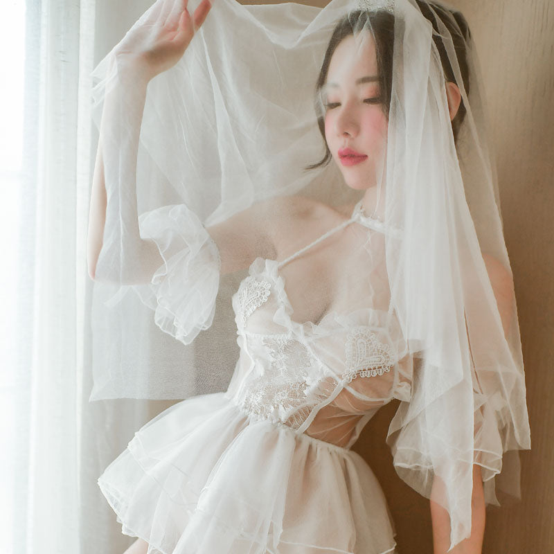 Bridal Veil Ruffle Mini Dress White Romantic Night Outfit