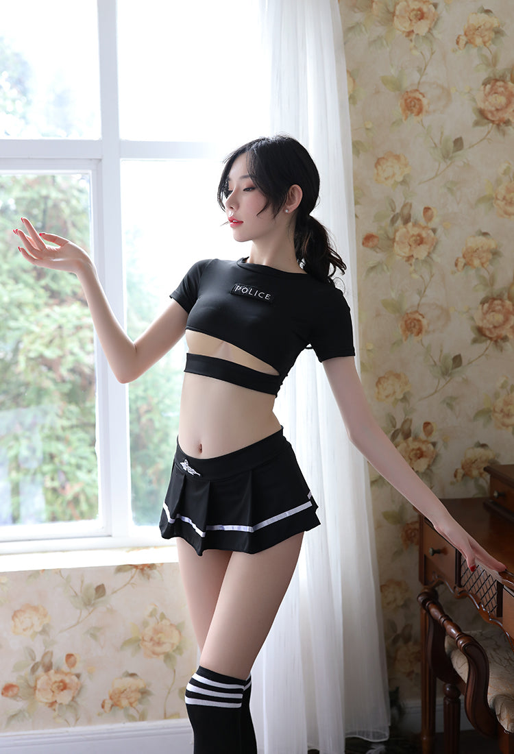 Campus Themed Crop Top Pleated Skirt Cosplay Set Black Private Loungewear