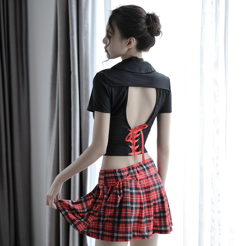 Campus Themed Plaid Two Piece Outfit Black Red Ladies Private Loungewear