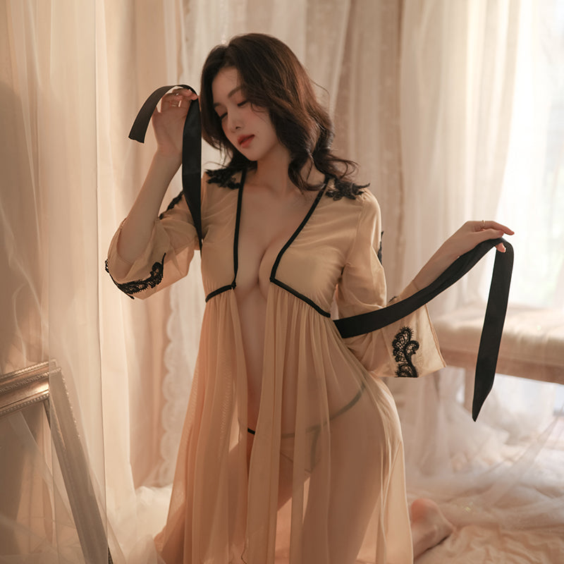 Bow Tie Front Flowy Kimono Robe Two Tone Cream White Women Loungewear