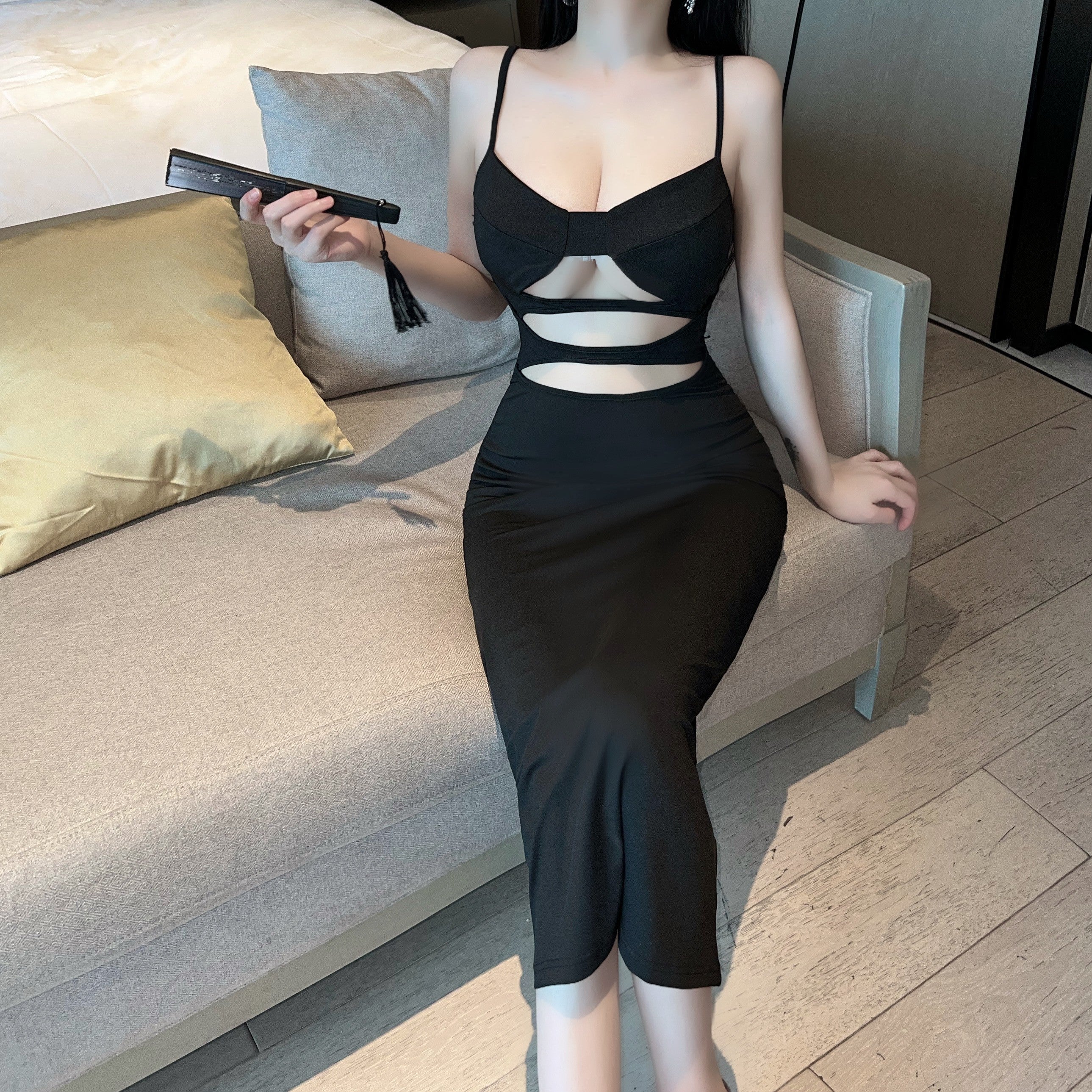 Black Cutout Midi Slip Dress Elegant Night Outfit