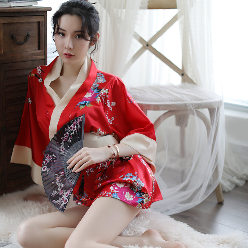 Floral Kimono Themed Costume Set Two Tone Red Black Loungewear
