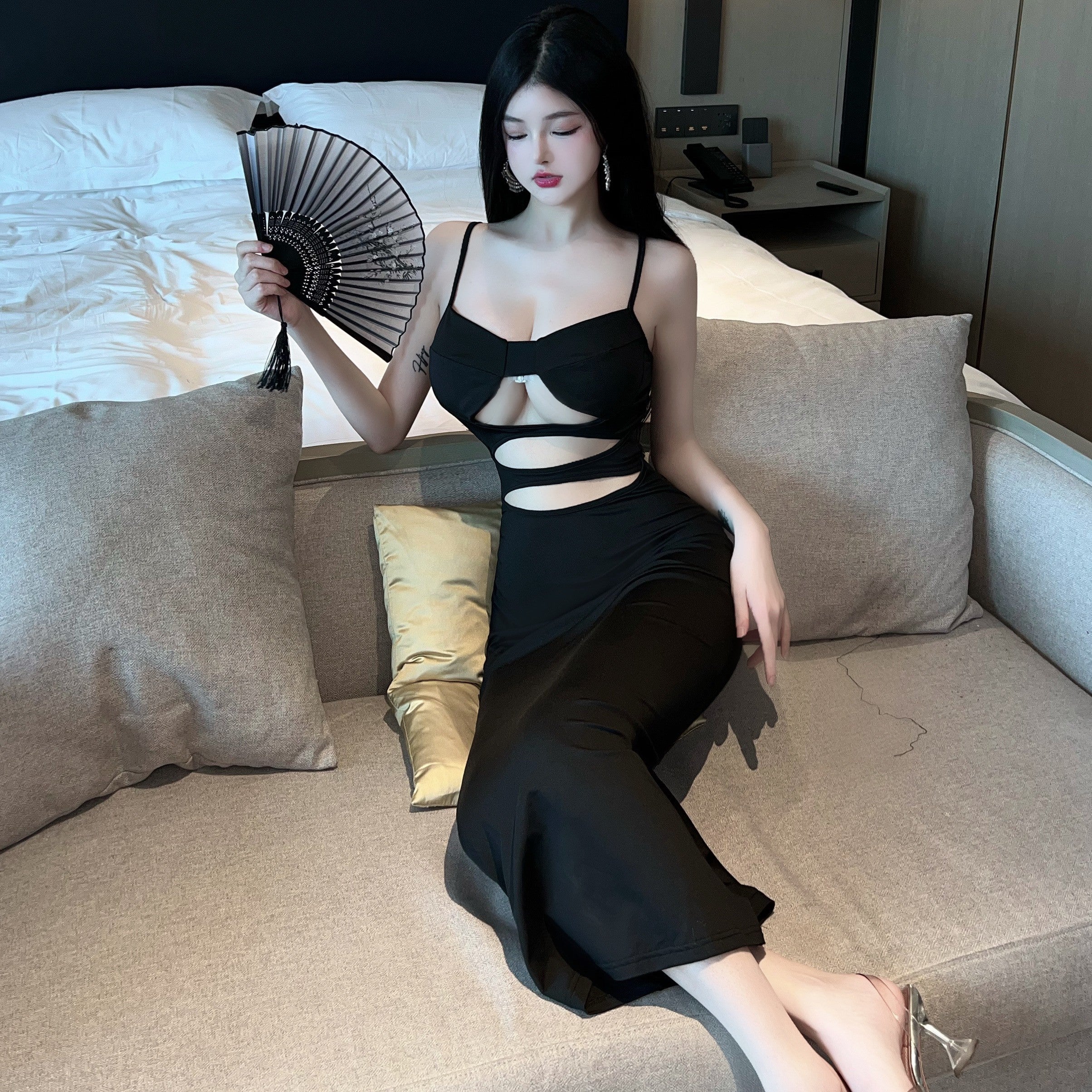 Black Cutout Midi Slip Dress Elegant Night Outfit