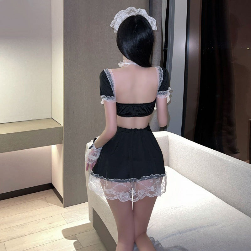 Maid Themed Lace Cosplay Outfit Set Black Elegant Private Loungewear