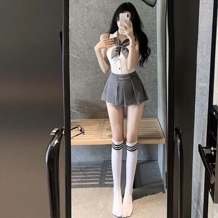College Style Bow Two Piece Mini Skirt Private Outfit