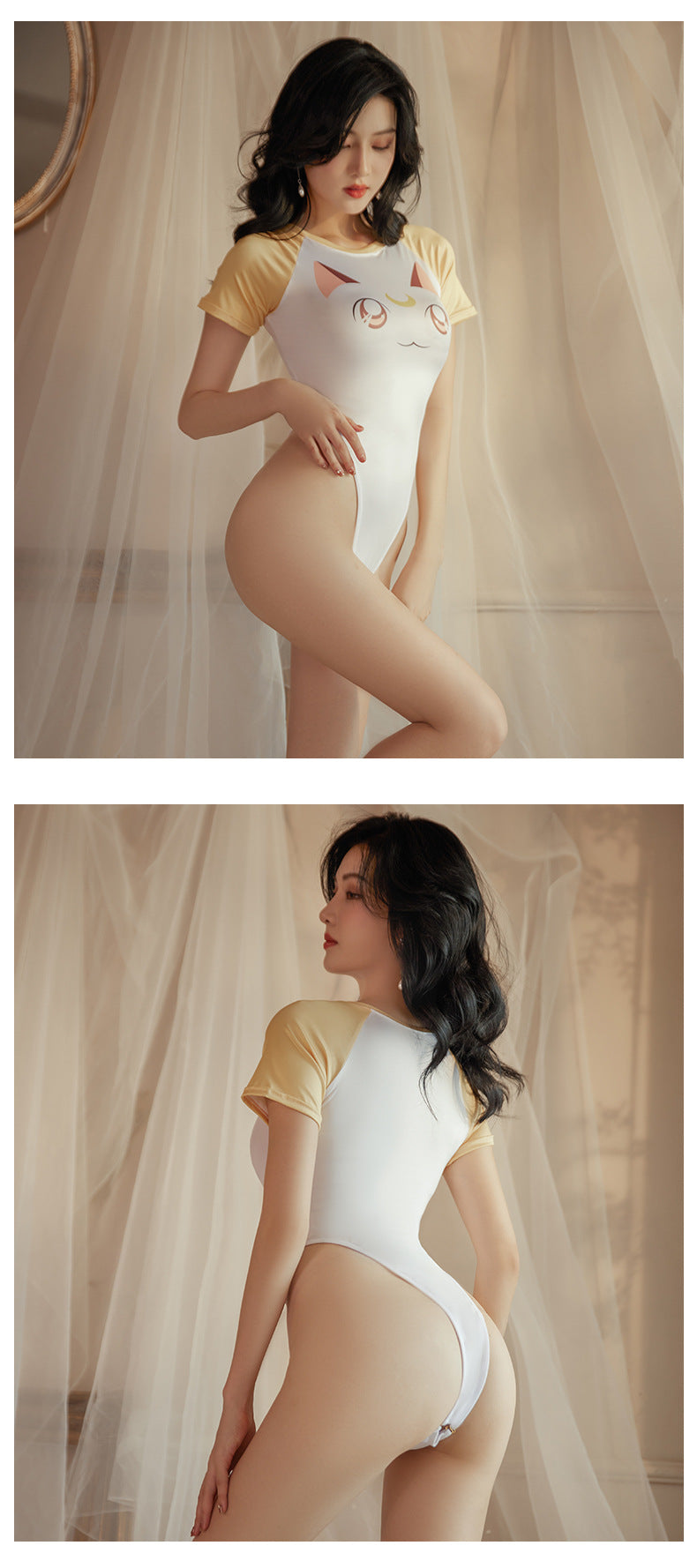 Pink White Cartoon Cat Cos Bodysuit Cute Private Outfit