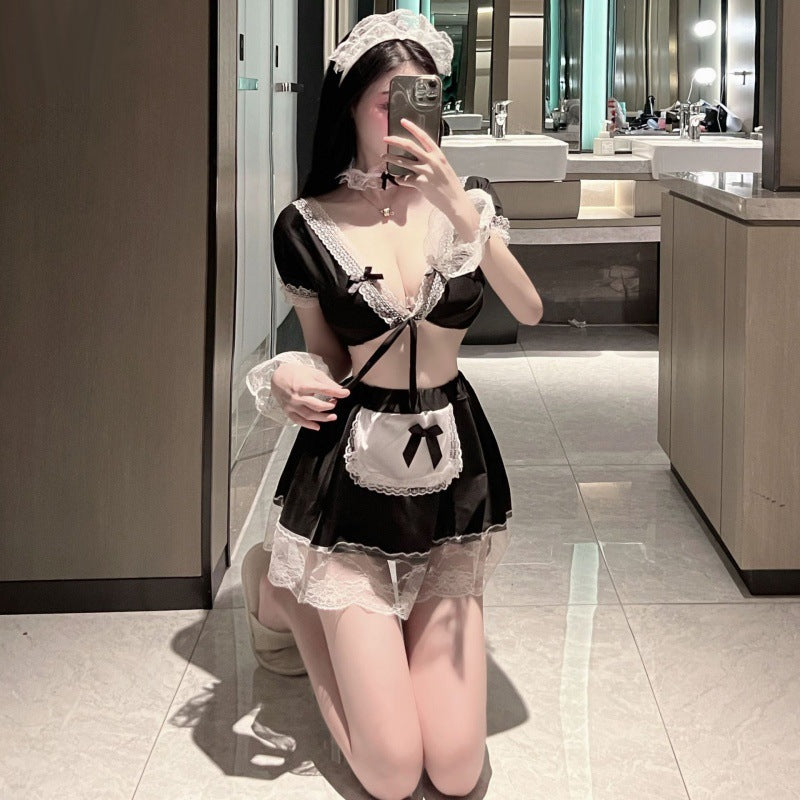 Maid Themed Lace Cosplay Outfit Set Black Elegant Private Loungewear