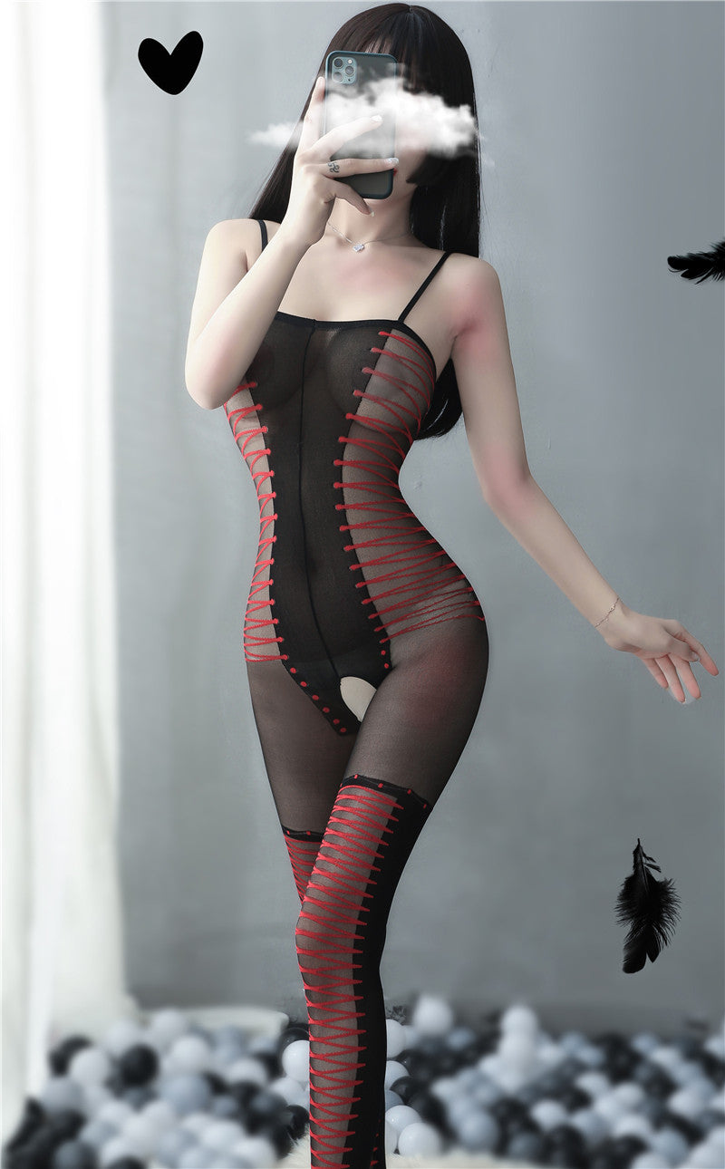 Black Contrast Red Strap Mesh Bodysuit