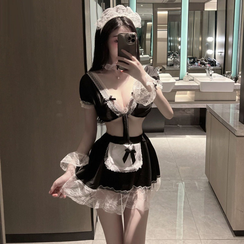 Maid Themed Lace Cosplay Outfit Set Black Elegant Private Loungewear