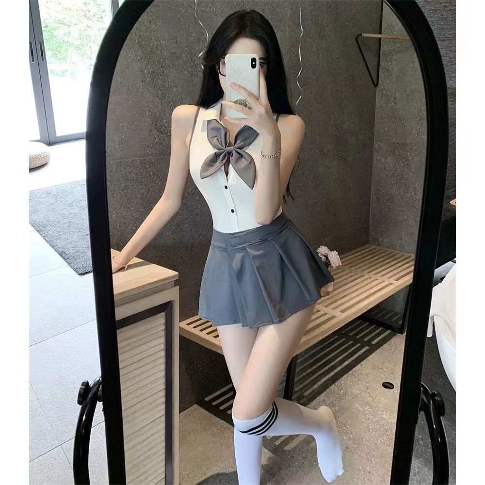 College Style Bow Two Piece Mini Skirt Private Outfit