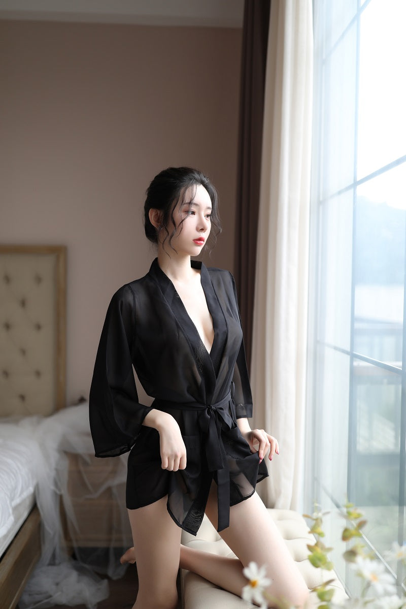 V Neck Belted Short Robe Two Tone Elegant Night Loungewear