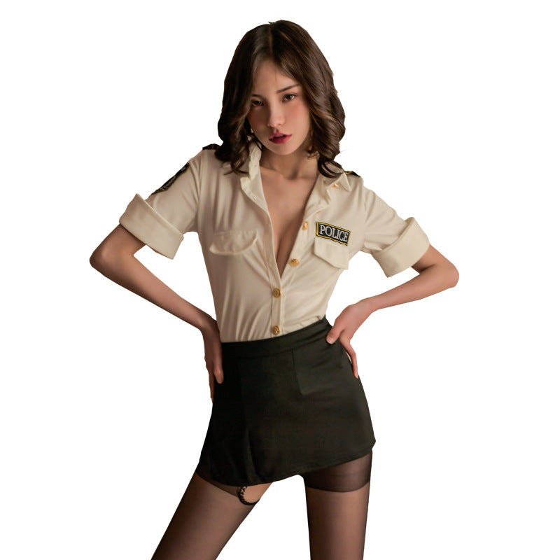 Officer Themed Two Piece Cosplay Outfit Cream Black Private Loungewear