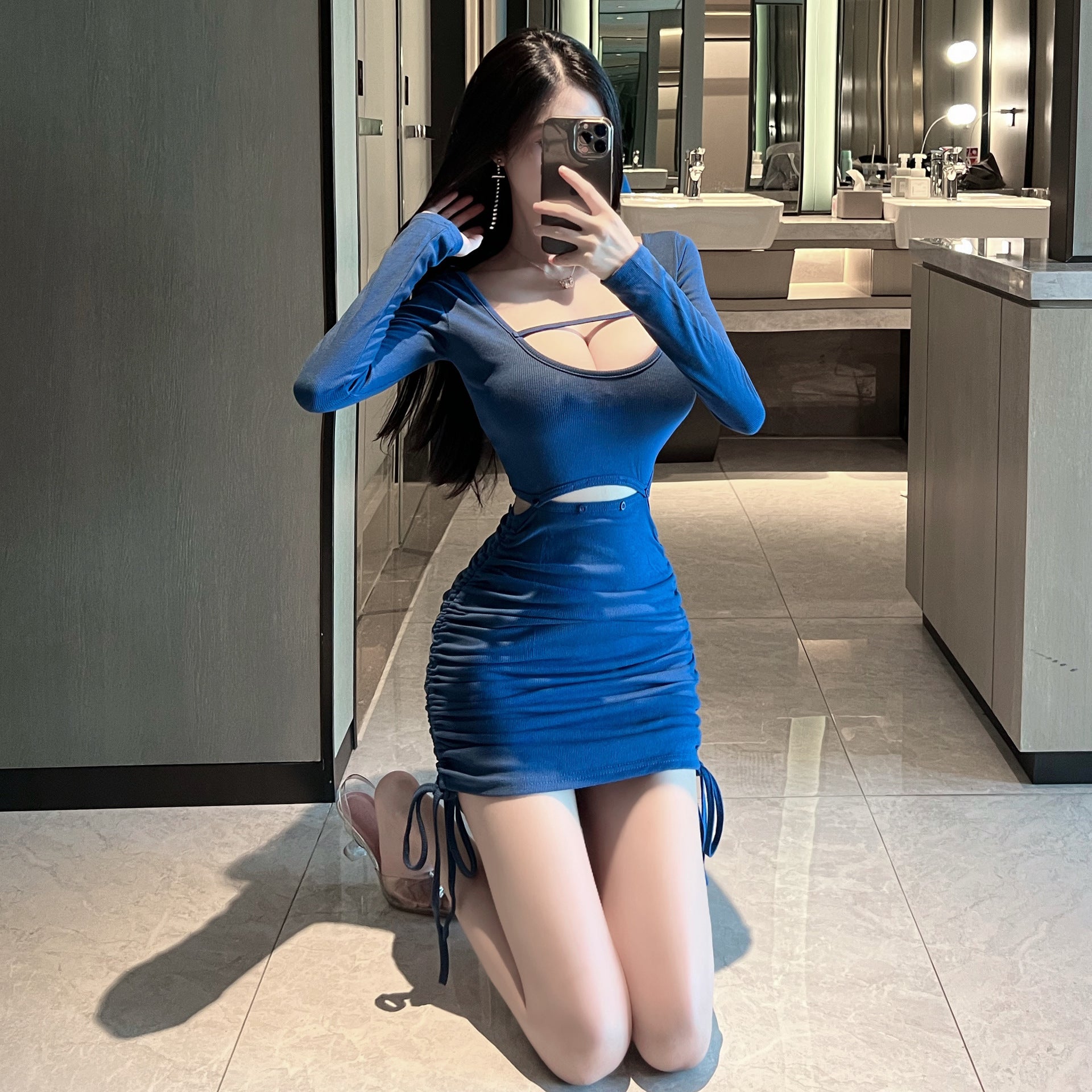 U-Neck Long Sleeve Ruched Bodycon Lounge Dress