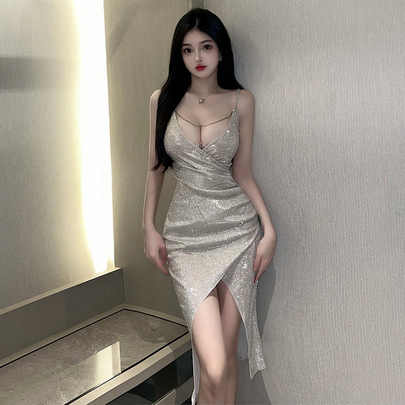Glitter Spaghetti Strap High Slit Wrap Midi Dress