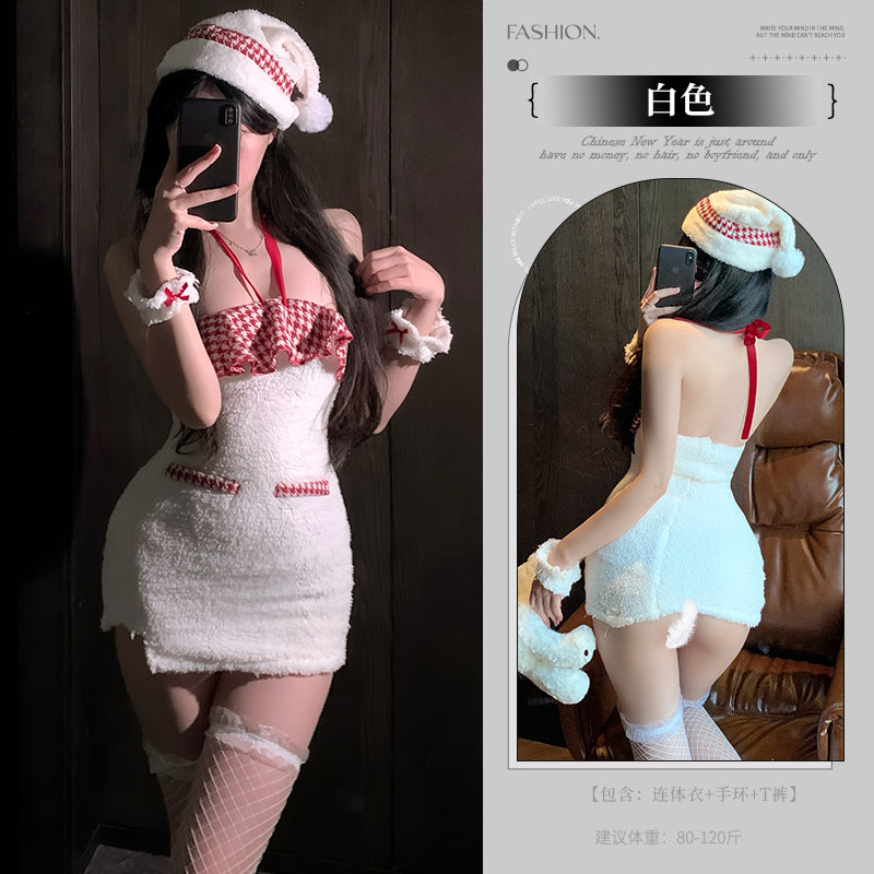 Festive Halter Mini Dress White Plaid Accent Women Night Loungewear