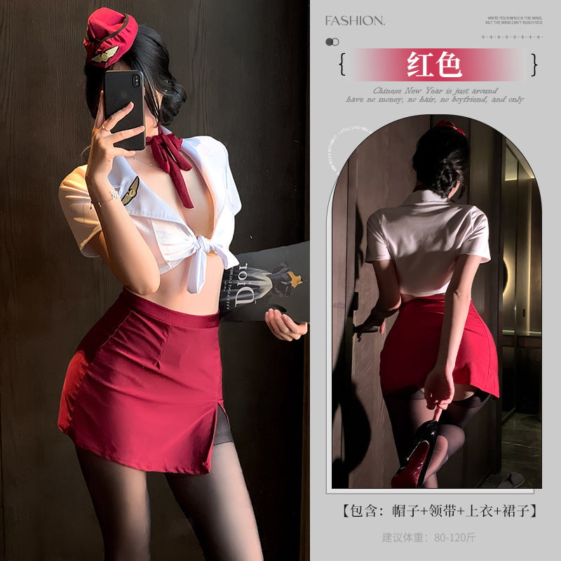 Flight Attendant Two Piece Set White Top Red Skirt Romantic Loungewear